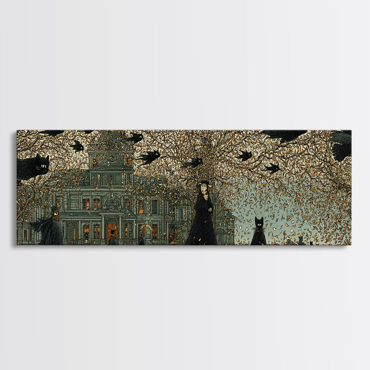 The Black Cat Gathering, Victorian Macabre Art, Extra Wide Wall Art, Dark Halloween Decor, Canvas Print, Halloween Wall Art