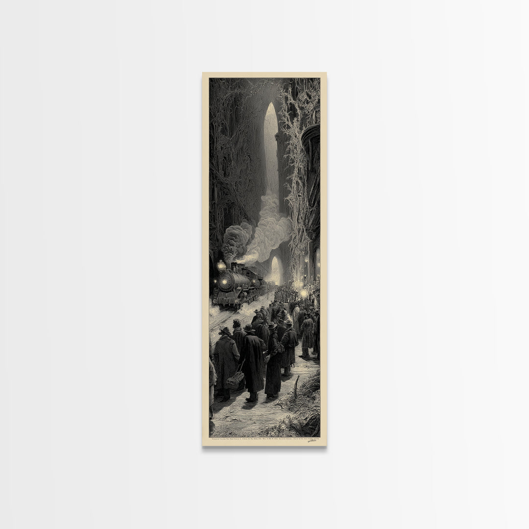 The Ghost Train Arrival, Gothic Engraving Art, Tall Narrow Wall Art, Dark Fantasy Wall Art, Canvas Print, Halloween Wall Art