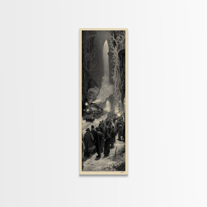 The Ghost Train Arrival, Gothic Engraving Art, Tall Narrow Wall Art, Dark Fantasy Wall Art, Canvas Print, Halloween Wall Art