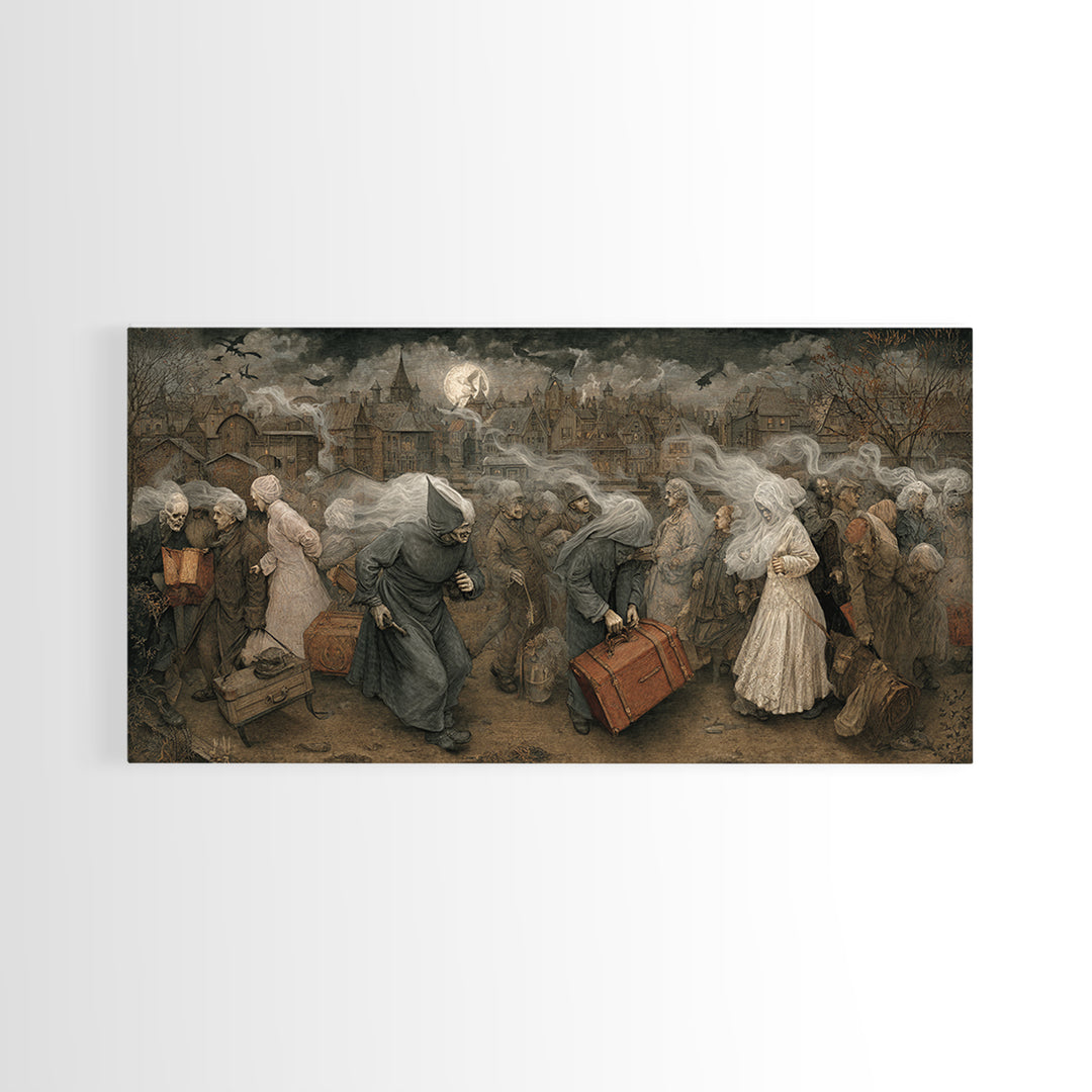 The Ghost Train Arrival, Northern Renaissance Horror, Wide Panoramic Art, Gothic Horror Wall Art, Framed Canvas Print