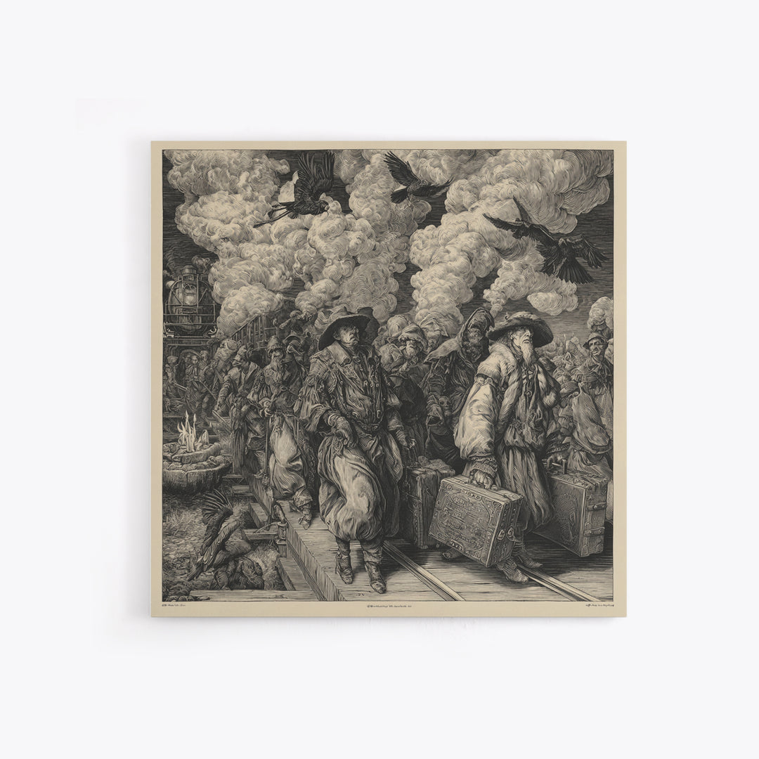 The Ghost Train Arrival, Renaissance Engraving Art, Square Wall Art, Dark Halloween Decor, Framed Canvas Print, Halloween Wall Art