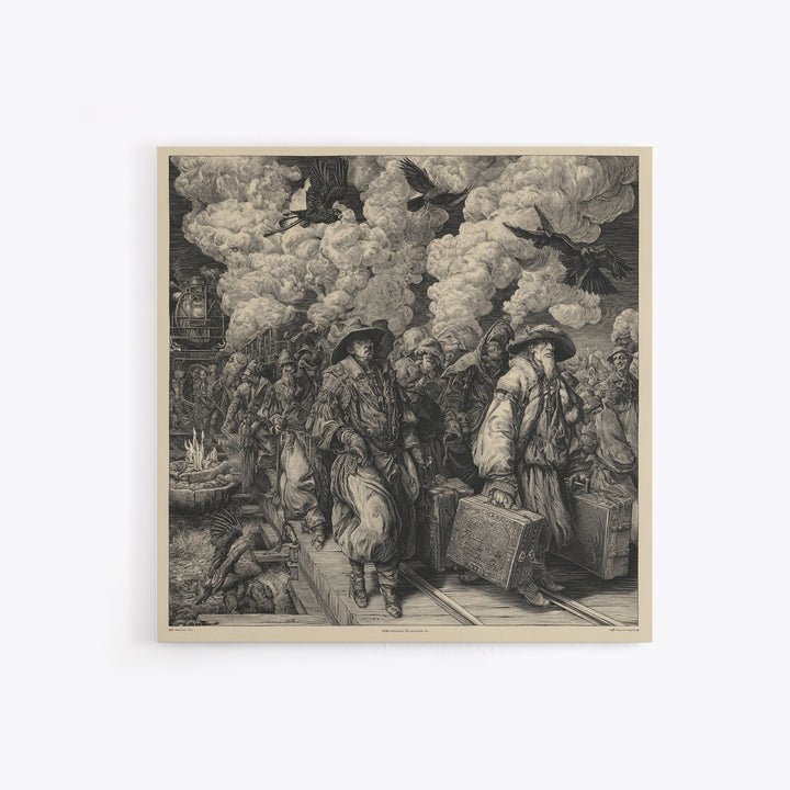 The Ghost Train Arrival, Renaissance Engraving Art, Square Wall Art, Dark Halloween Decor, Framed Canvas Print, Halloween Wall Art