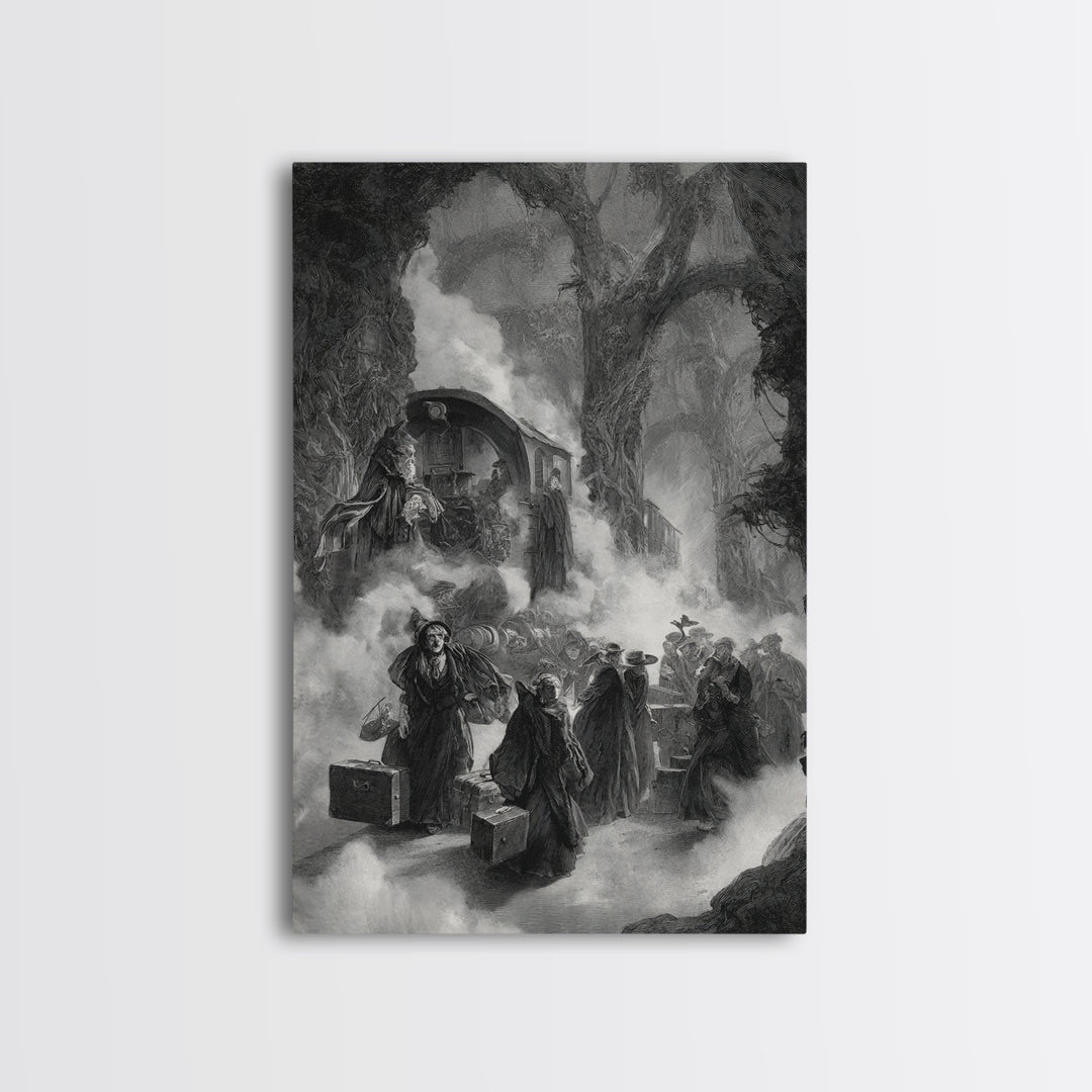 The Ghost Train Arrival, Baroque Witchcraft Art, Vertical Wall Art, Dark Halloween Decor, Canvas Print, Halloween Wall Art