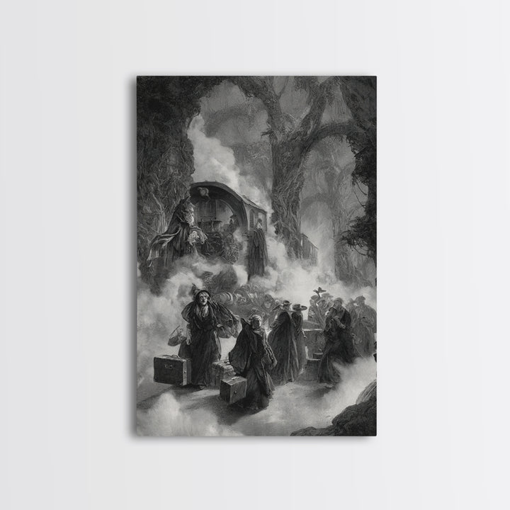 The Ghost Train Arrival, Baroque Witchcraft Art, Vertical Wall Art, Dark Halloween Decor, Canvas Print, Halloween Wall Art