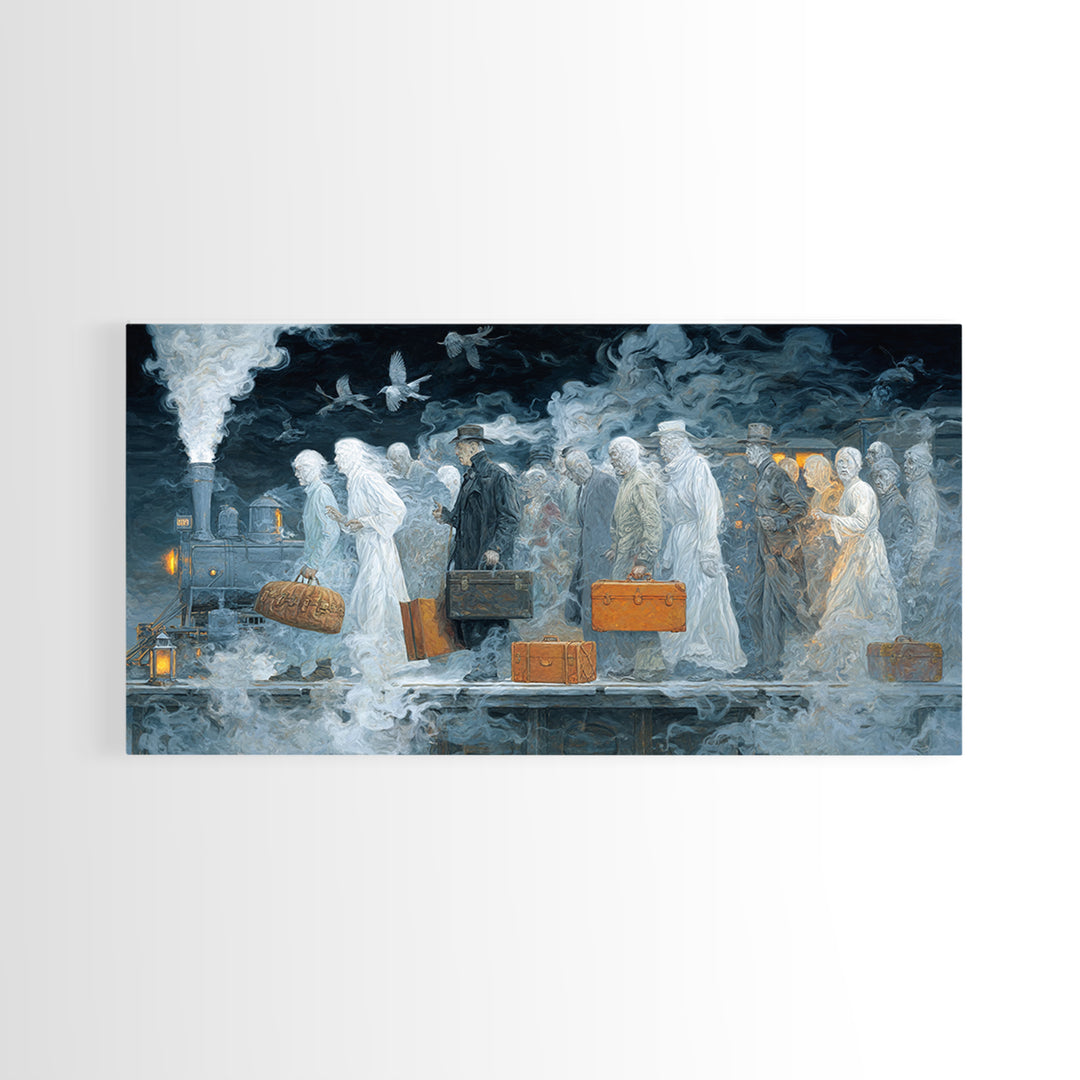 The Ghost Train Arrival, Visionary Gothic Art, Wide Panoramic Art, Dark Halloween Decor, Canvas Print, Halloween Wall Art
