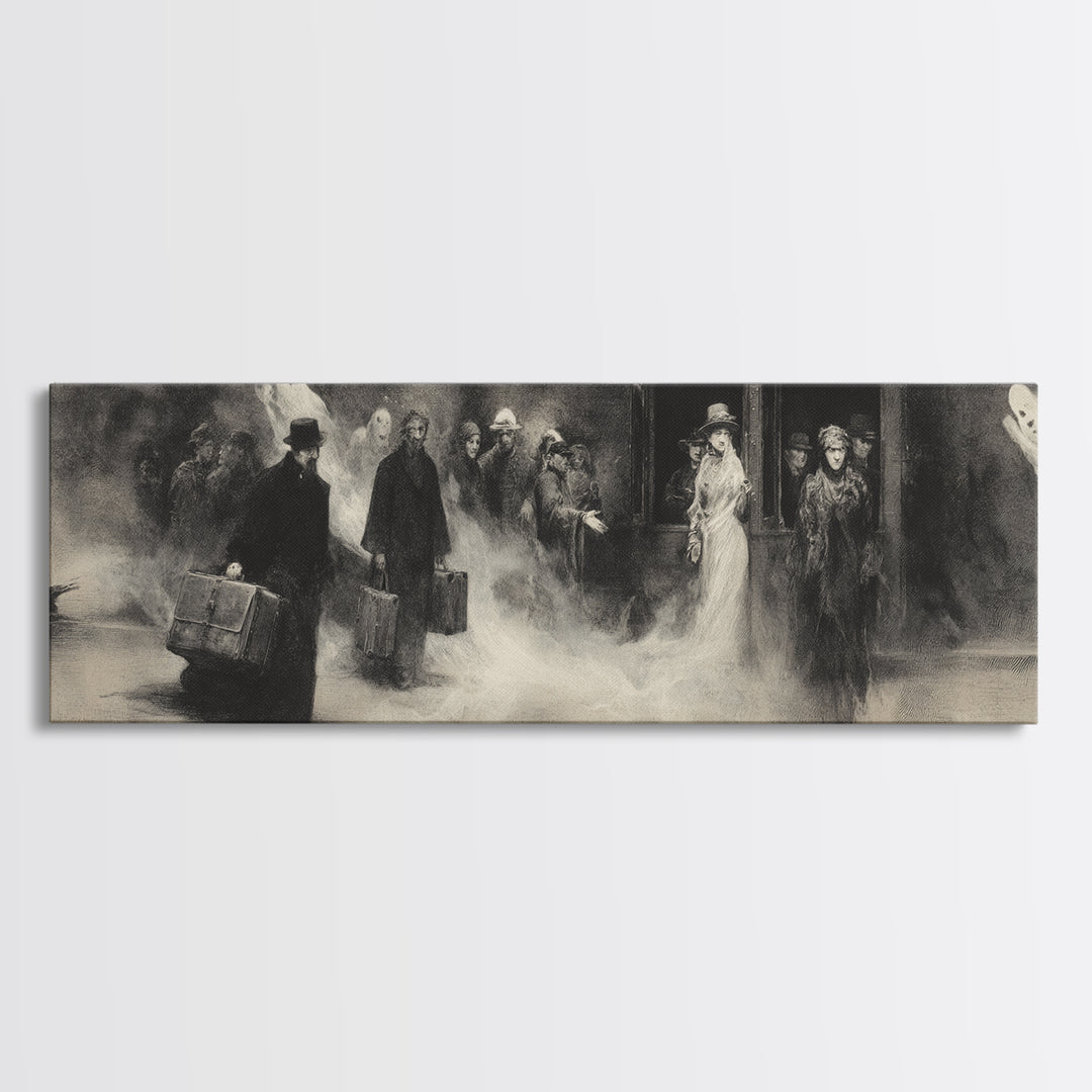 The Ghost Train Arrival, Symbolist Dream Art, Extra Wide Wall Art, Dark Halloween Decor, Canvas Print, Halloween Wall Art
