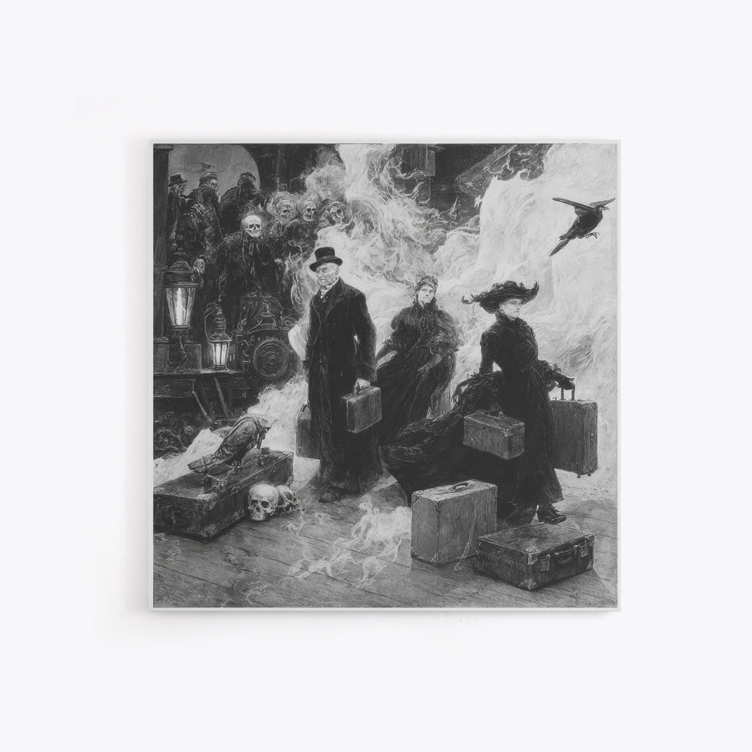 The Ghost Train Arrival, Decadent Gothic Art, Square Wall Art, Dark Halloween Decor, Framed Canvas Print, Halloween Wall Art