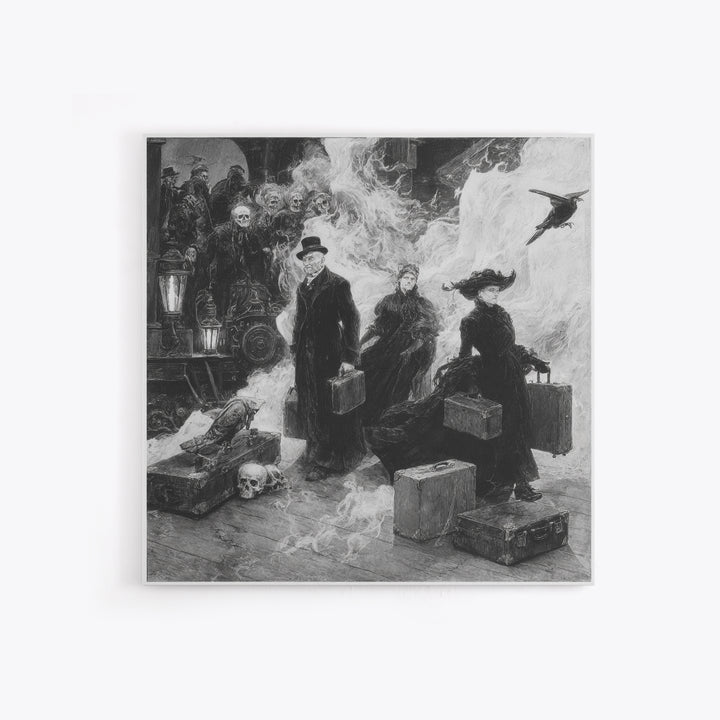 The Ghost Train Arrival, Decadent Gothic Art, Square Wall Art, Dark Halloween Decor, Framed Canvas Print, Halloween Wall Art