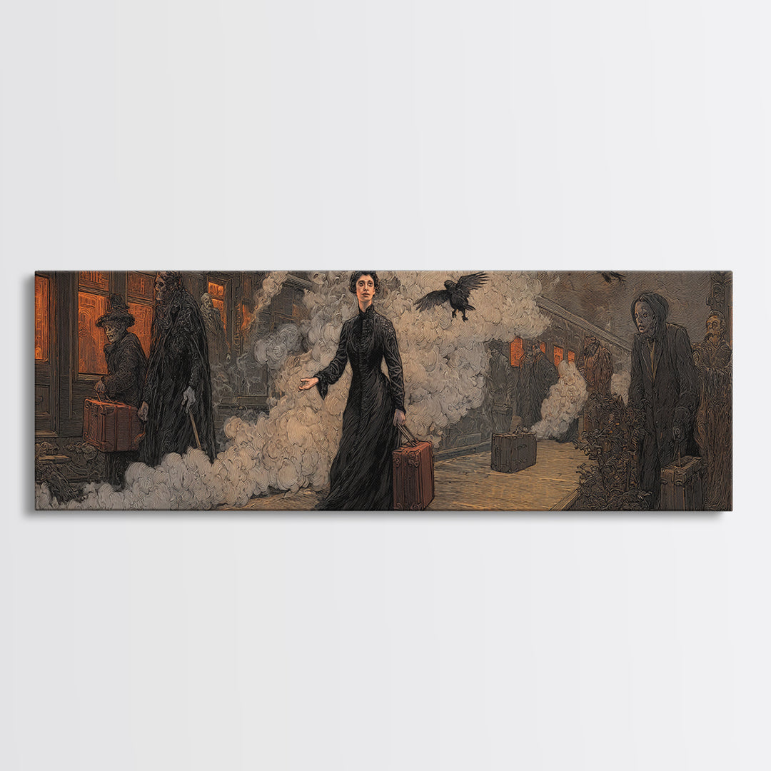 The Ghost Train Arrival, Symbolist Etching Art, Extra Wide Wall Art, Dark Fantasy Wall Art, Framed Canvas Print, Halloween Wall Art
