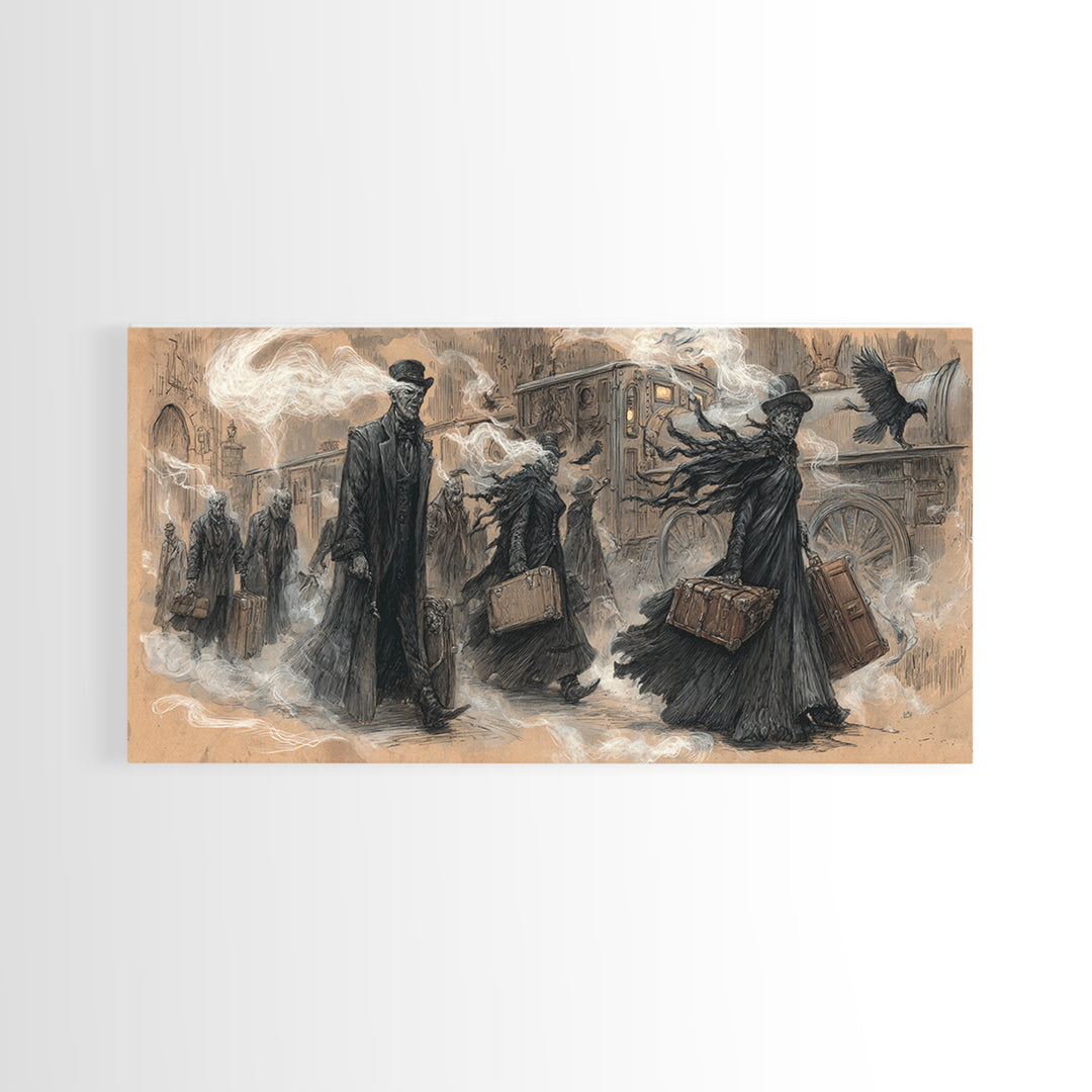 The Ghost Train Arrival, Expressionist Nightmare Art, Wide Panoramic Art, Macabre Wall Art, Canvas Print, Halloween Wall Art