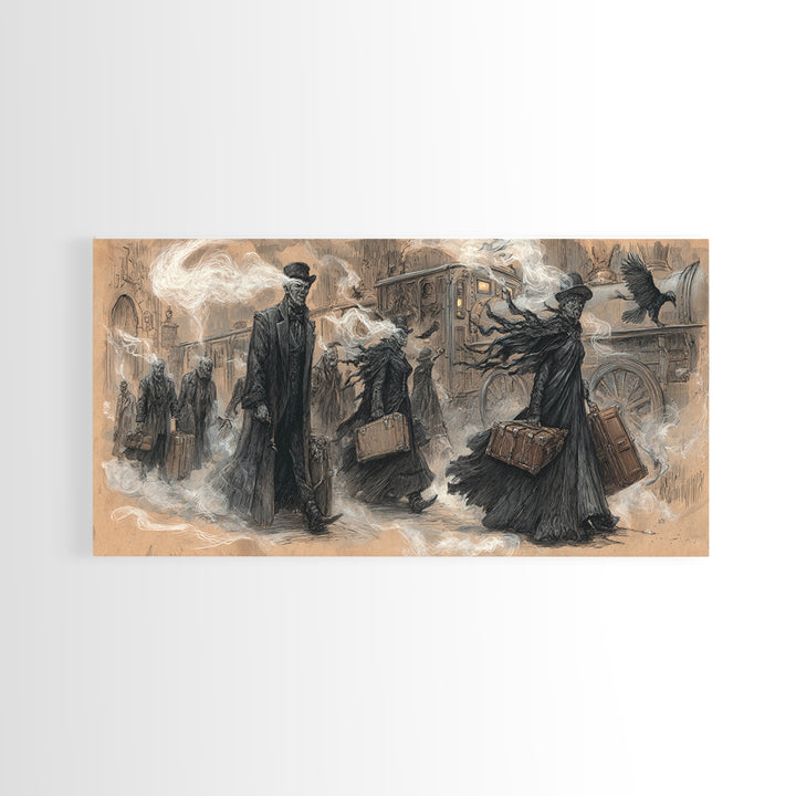The Ghost Train Arrival, Expressionist Nightmare Art, Wide Panoramic Art, Macabre Wall Art, Canvas Print, Halloween Wall Art