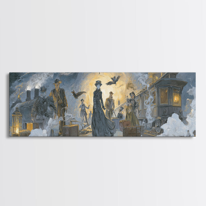 The Ghost Train Arrival, Expressionist Gothic Art, Extra Wide Wall Art, Dark Halloween Decor, Canvas Print, Halloween Wall Art
