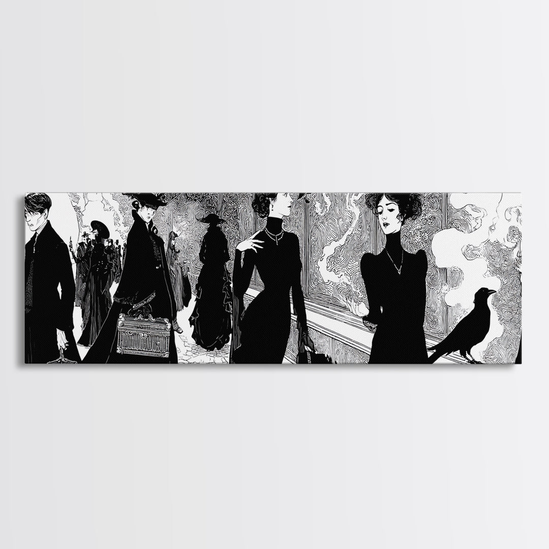 The Ghost Train Arrival, Decadent Line Art, Extra Wide Wall Art, Gothic Horror Wall Art, Canvas Print, Halloween Wall Art