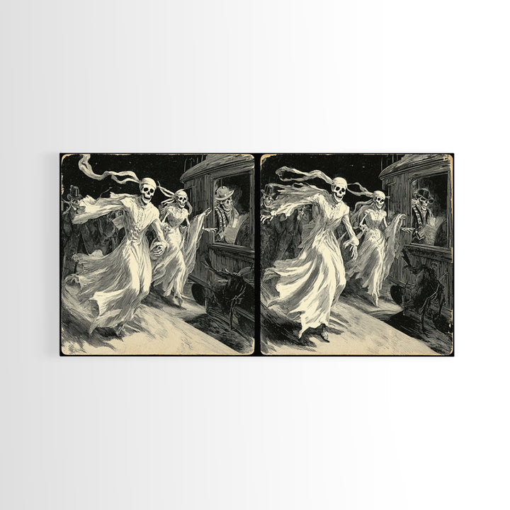 The Ghost Train Arrival, Macabre Folk Print Art, Wide Panoramic Art, Dark Fantasy Wall Art, Framed Canvas Print