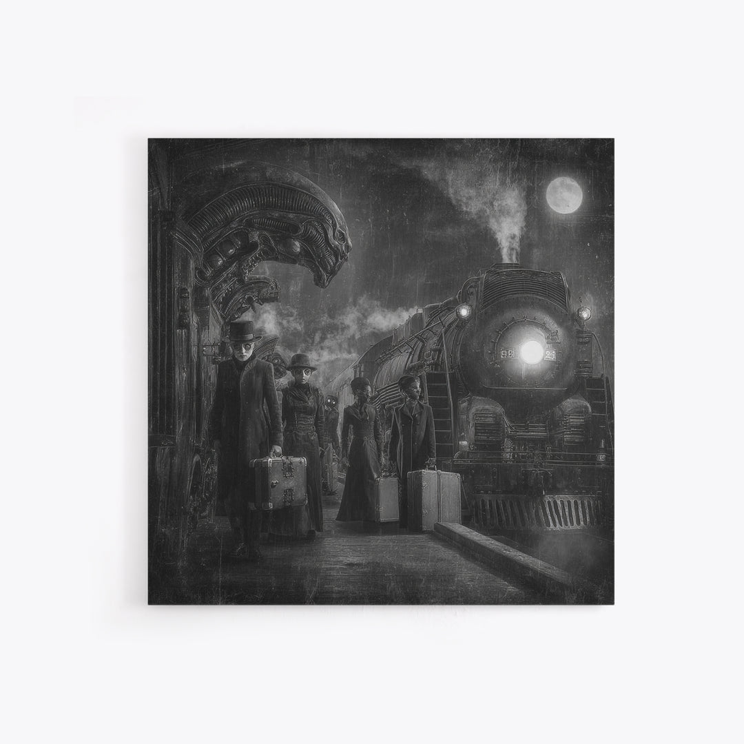 The Ghost Train Arrival, Biomechanical Horror Art, Square Wall Art, Dark Fantasy Wall Art, Framed Canvas Print, Halloween Wall Art