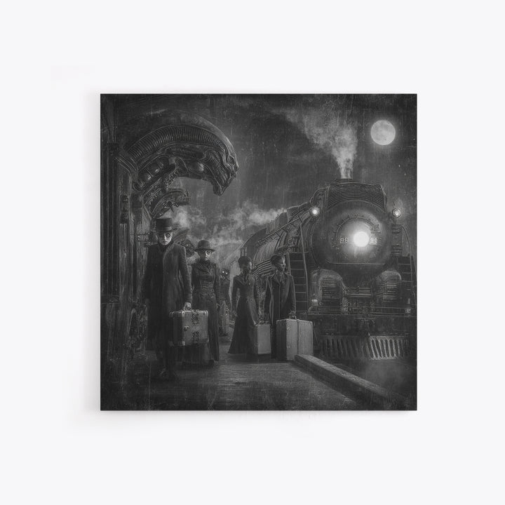 The Ghost Train Arrival, Biomechanical Horror Art, Square Wall Art, Dark Fantasy Wall Art, Framed Canvas Print, Halloween Wall Art