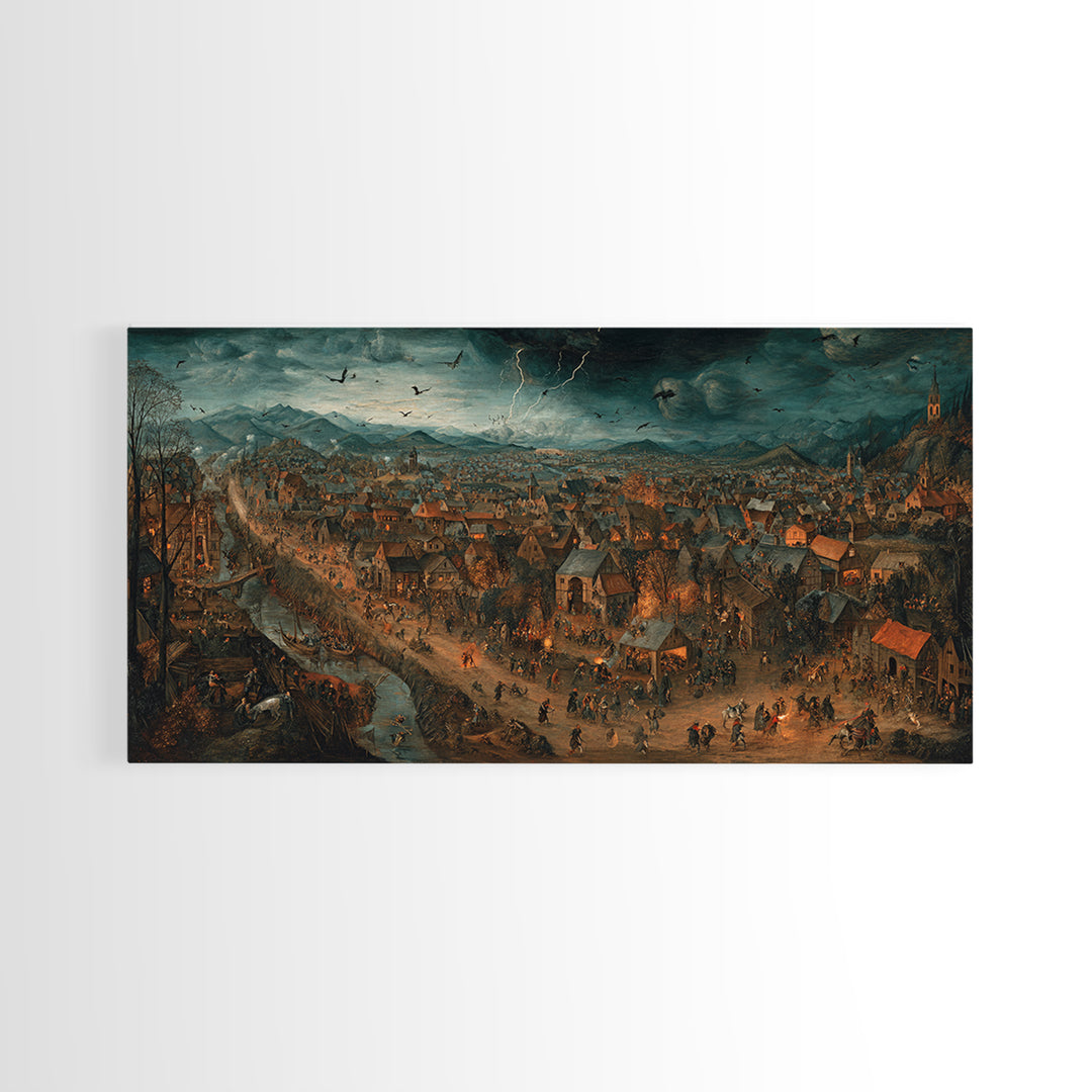 The Halloween Storm, Northern Renaissance Horror, Wide Panoramic Art, Dark Fantasy Wall Art, Canvas Print, Halloween Wall Art