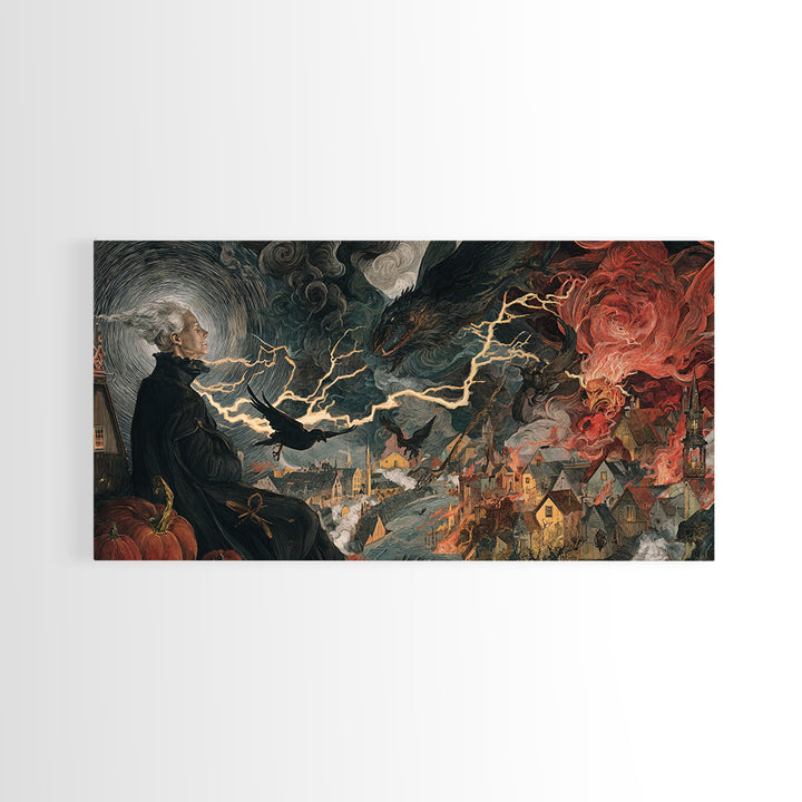 The Halloween Storm, Dark Renaissance Art, Wide Panoramic Art, Dark Fantasy Wall Art, Framed Canvas Print, Halloween Wall Art