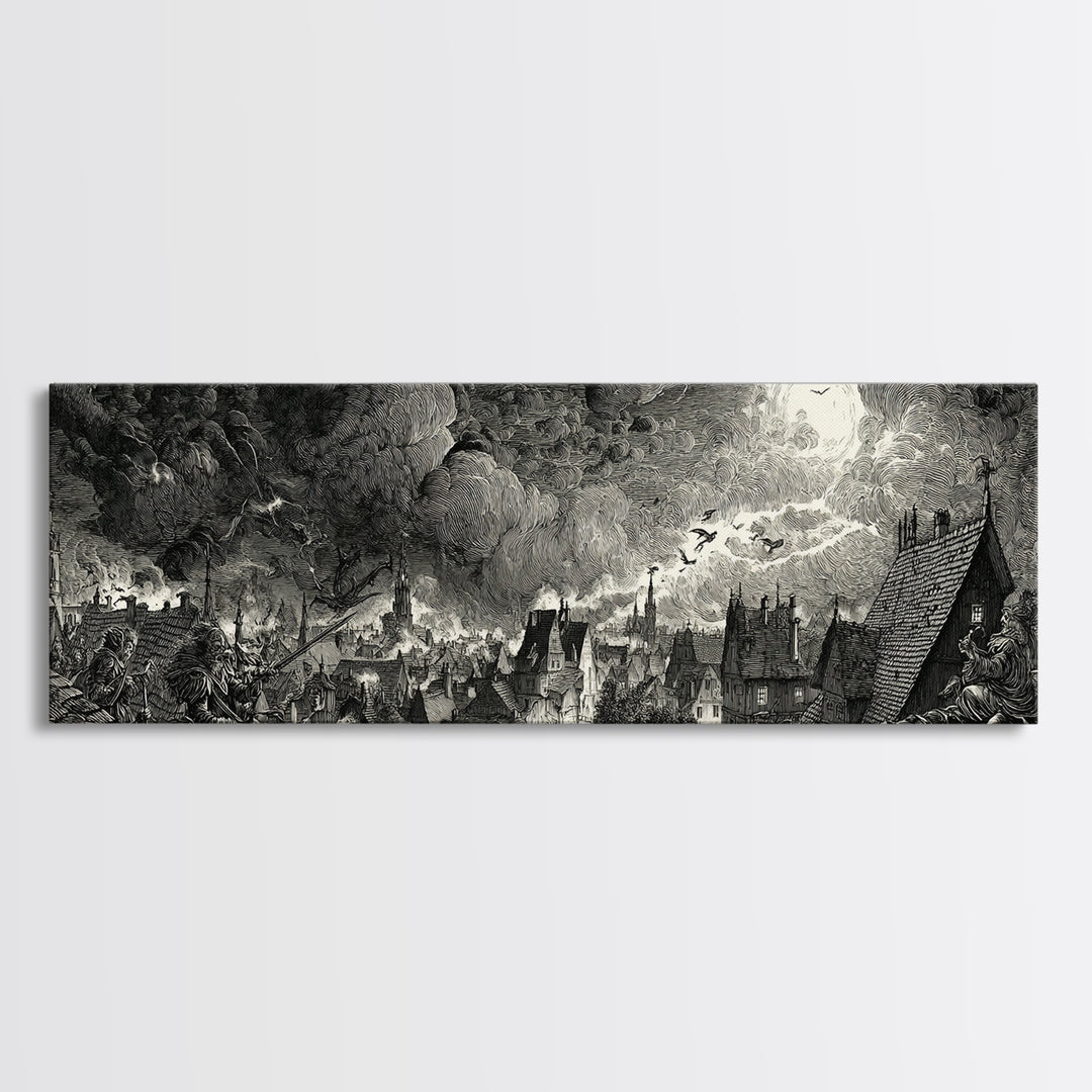 The Halloween Storm, Renaissance Engraving Art, Extra Wide Wall Art, Dark Fantasy Wall Art, Canvas Print, Halloween Wall Art