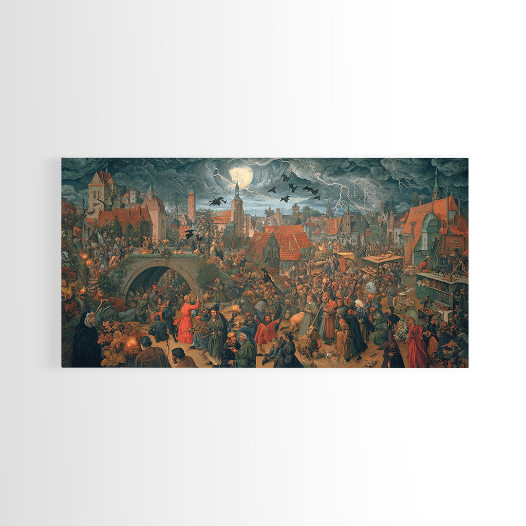 The Halloween Storm, Danse Macabre Art, Wide Panoramic Art, Macabre Wall Art, Framed Canvas Print, Halloween Wall Art