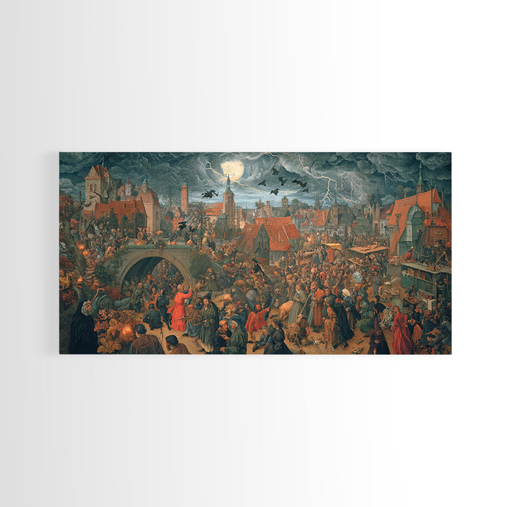 The Halloween Storm, Danse Macabre Art, Wide Panoramic Art, Macabre Wall Art, Framed Canvas Print, Halloween Wall Art