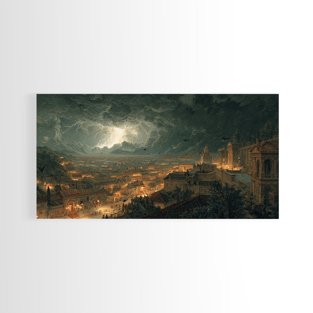The Halloween Storm, Architectural Etching Art, Wide Panoramic Art, Dark Halloween Decor, Canvas Print, Halloween Wall Art
