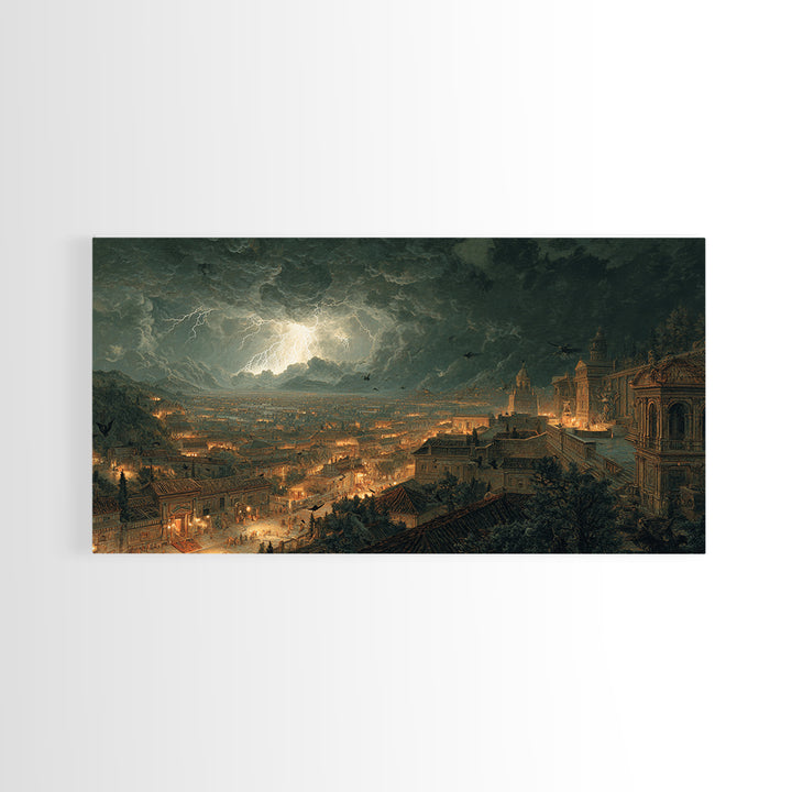 The Halloween Storm, Architectural Etching Art, Wide Panoramic Art, Dark Halloween Decor, Canvas Print, Halloween Wall Art