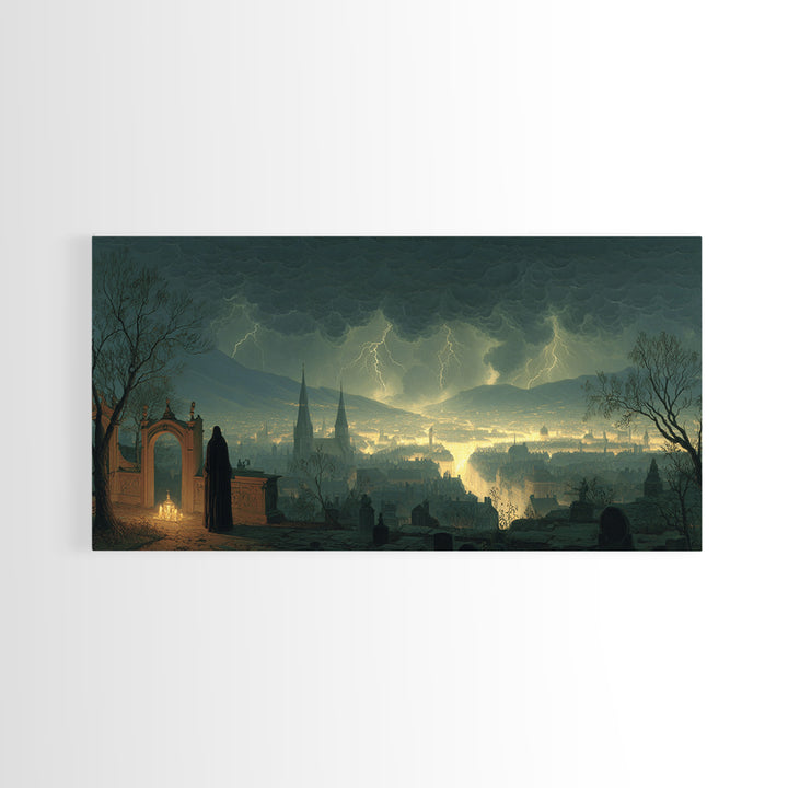 The Halloween Storm, Romantic Gothic Landscape, Wide Panoramic Art, Dark Halloween Decor, Framed Canvas Print, Halloween Wall Art