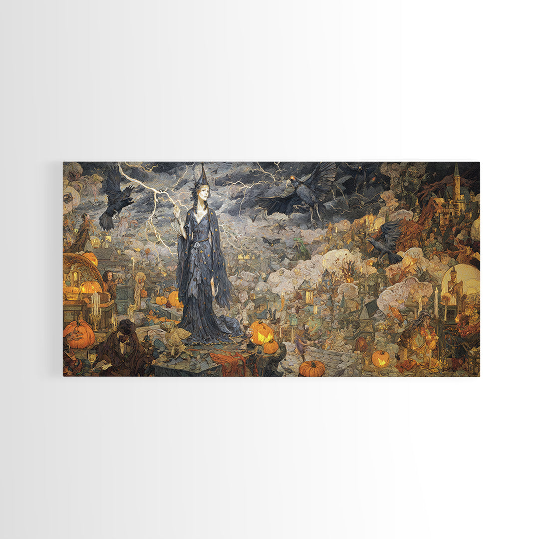 The Halloween Storm, Ornate Symbolist Art, Wide Panoramic Art, Macabre Wall Art, Canvas Print, Halloween Wall Art, Halloween Decor