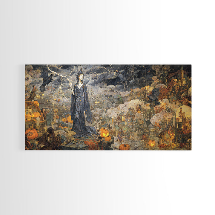 The Halloween Storm, Ornate Symbolist Art, Wide Panoramic Art, Macabre Wall Art, Canvas Print, Halloween Wall Art, Halloween Decor