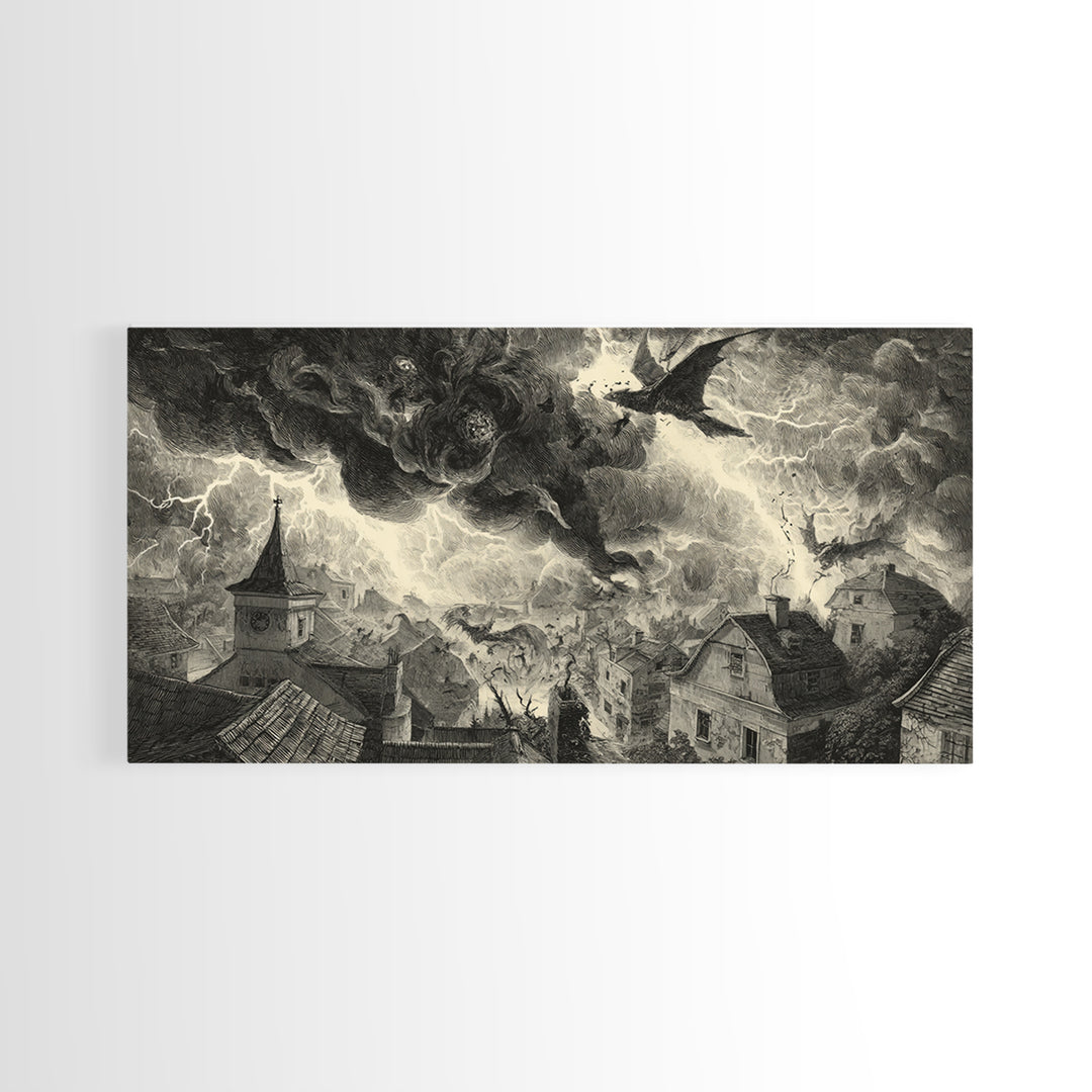 The Halloween Storm, Expressionist Nightmare Art, Wide Panoramic Art, Dark Fantasy Wall Art, Canvas Print, Halloween Wall Art
