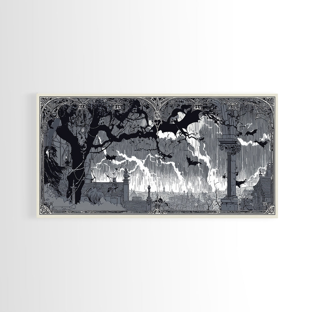 The Halloween Storm, Decadent Line Art, Wide Panoramic Art, Gothic Horror Wall Art, Framed Canvas Print, Halloween Wall Art