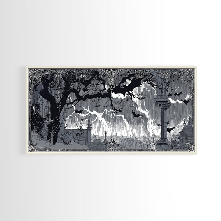 The Halloween Storm, Decadent Line Art, Wide Panoramic Art, Gothic Horror Wall Art, Framed Canvas Print, Halloween Wall Art