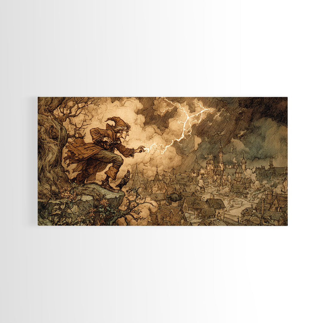 The Halloween Storm, Gothic Storybook Art, Wide Panoramic Art, Dark Fantasy Wall Art, Canvas Print, Halloween Wall Art