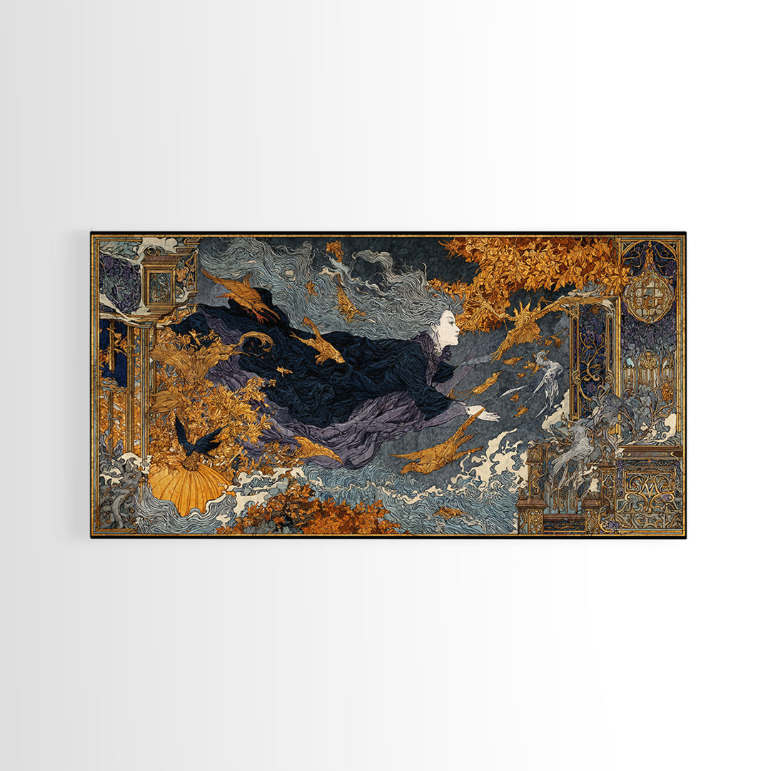 The Halloween Storm, Stained Glass Gothic Art, Wide Panoramic Art, Dark Fantasy Wall Art, Canvas Print, Halloween Wall Art