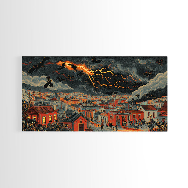 The Halloween Storm, Macabre Folk Print Art, Wide Panoramic Art, Dark Fantasy Wall Art, Framed Canvas Print, Halloween Wall Art