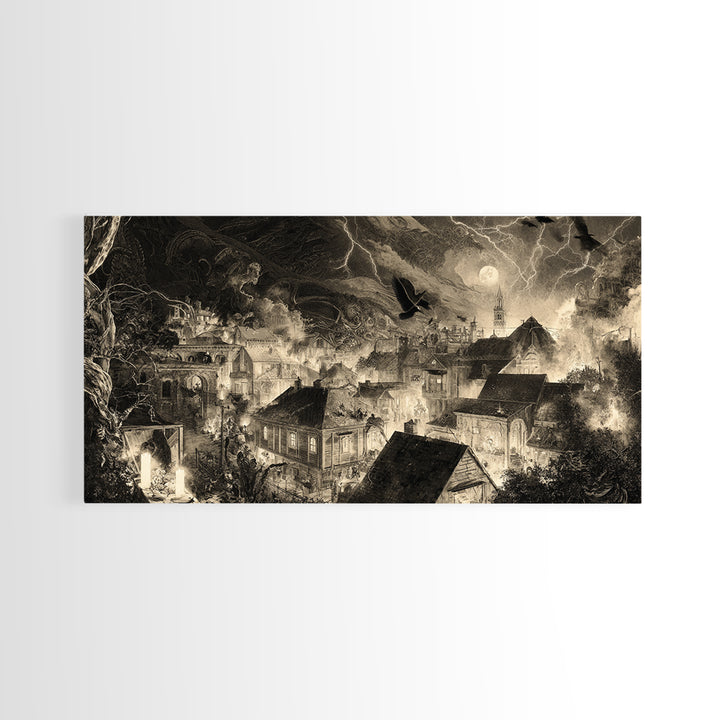 The Halloween Storm, Biomechanical Horror Art, Wide Panoramic Art, Dark Halloween Decor, Canvas Print, Halloween Wall Art