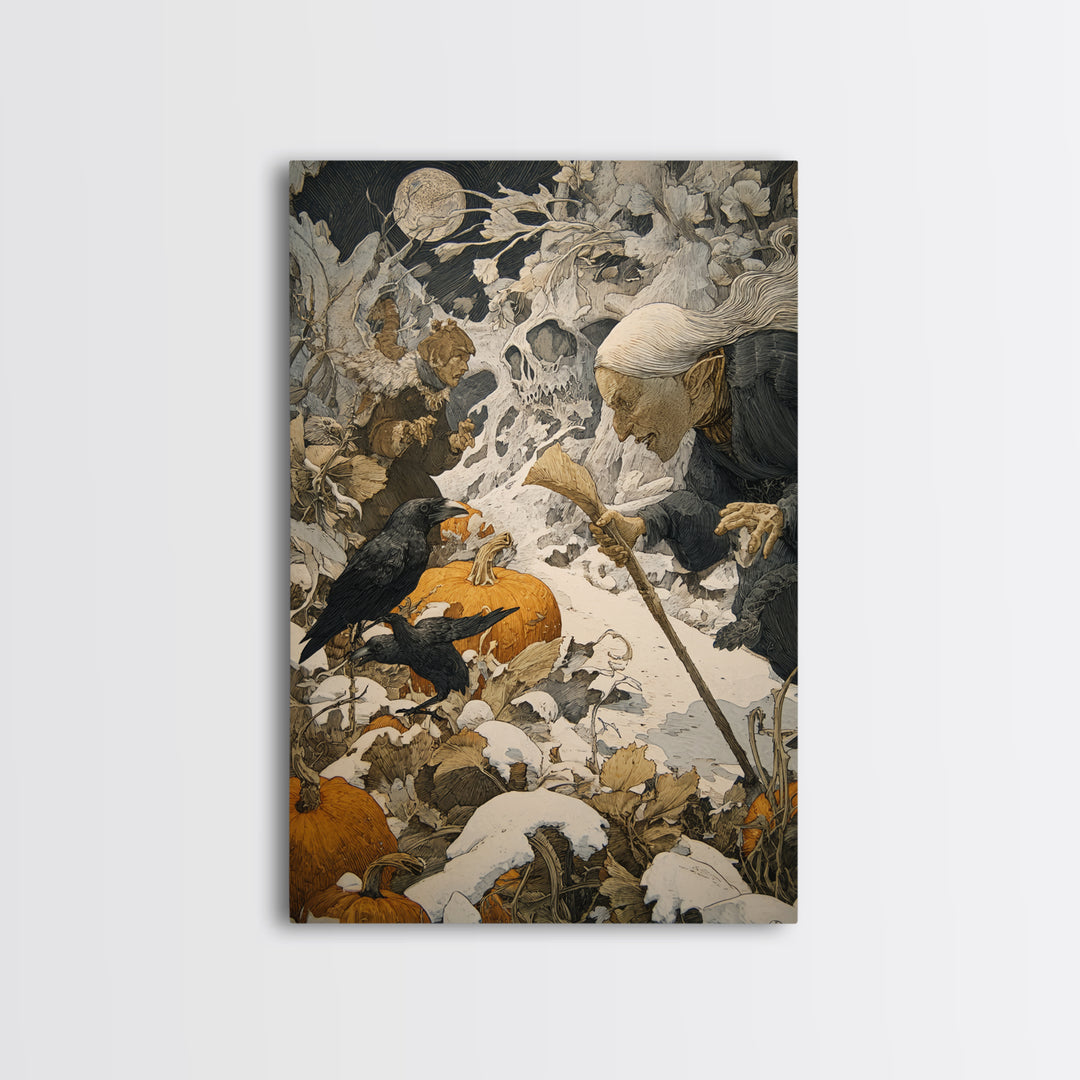 The First Frost Awakening, Symbolist Etching Art, Vertical Wall Art, Dark Fantasy Wall Art, Framed Canvas Print, Halloween Wall Art