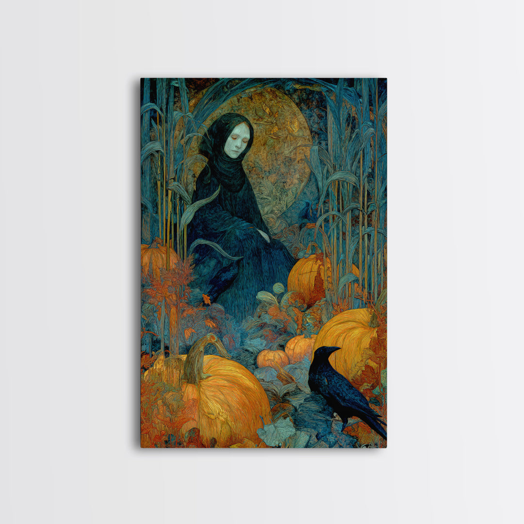 The First Frost Awakening, Expressionist Gothic Art, Vertical Wall Art, Dark Halloween Decor, Framed Canvas Print, Halloween Wall Art