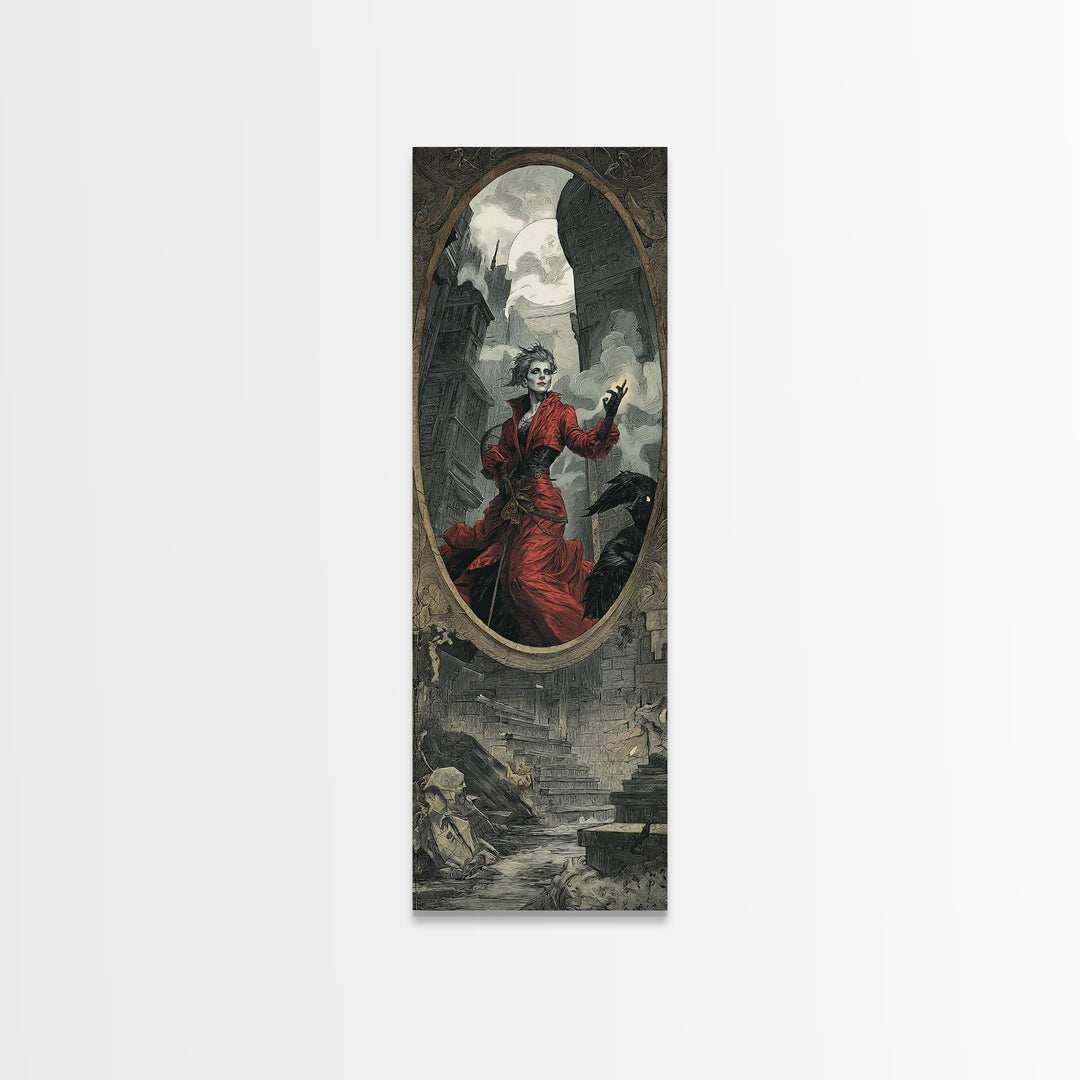The Cursed Mirror, Architectural Etching Art, Tall Narrow Wall Art, Dark Fantasy Wall Art, Canvas Print, Halloween Wall Art