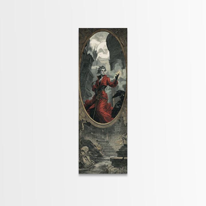 The Cursed Mirror, Architectural Etching Art, Tall Narrow Wall Art, Dark Fantasy Wall Art, Canvas Print, Halloween Wall Art