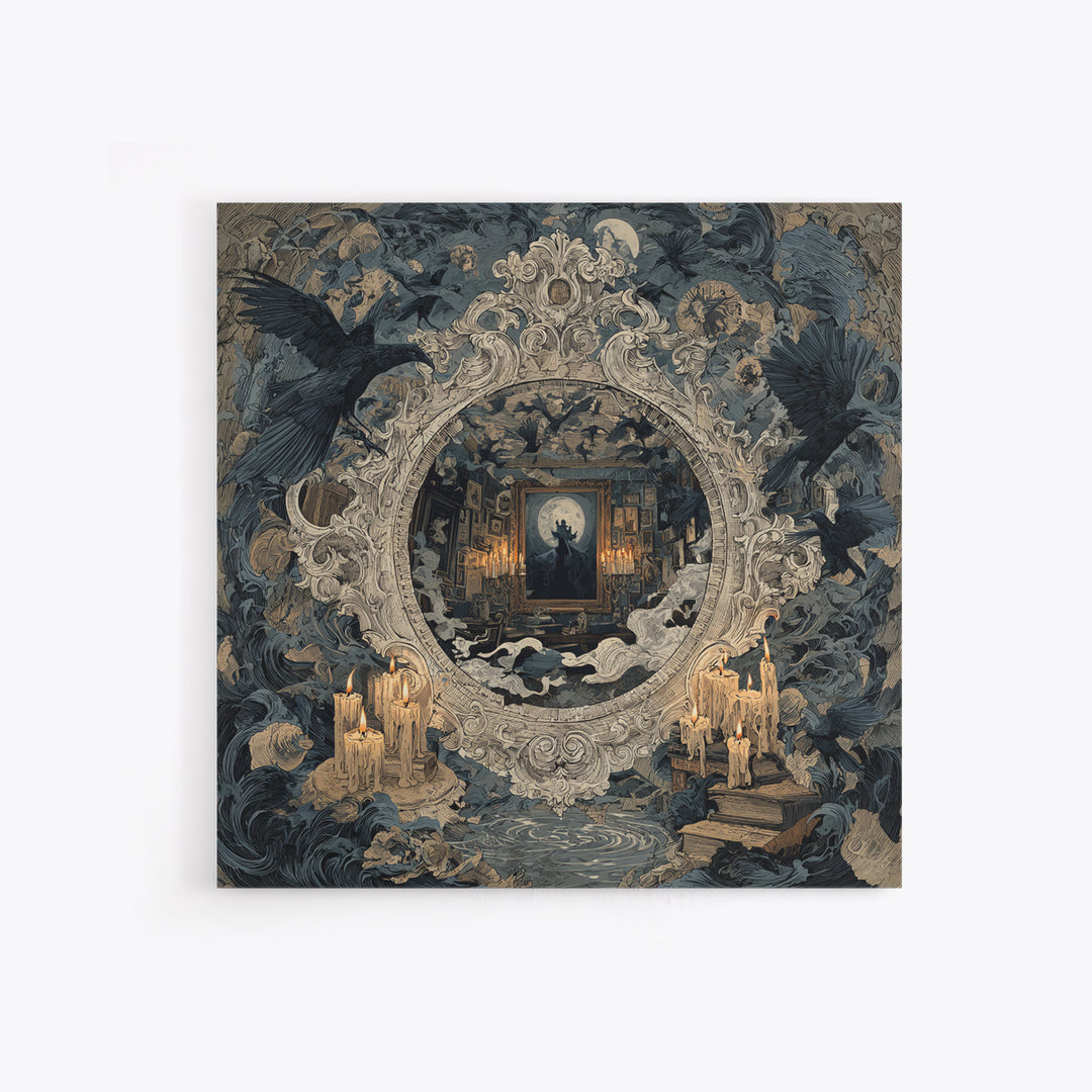 The Cursed Mirror, Symbolist Etching Art, Square Wall Art, Dark Fantasy Wall Art, Framed Canvas Print, Halloween Wall Art
