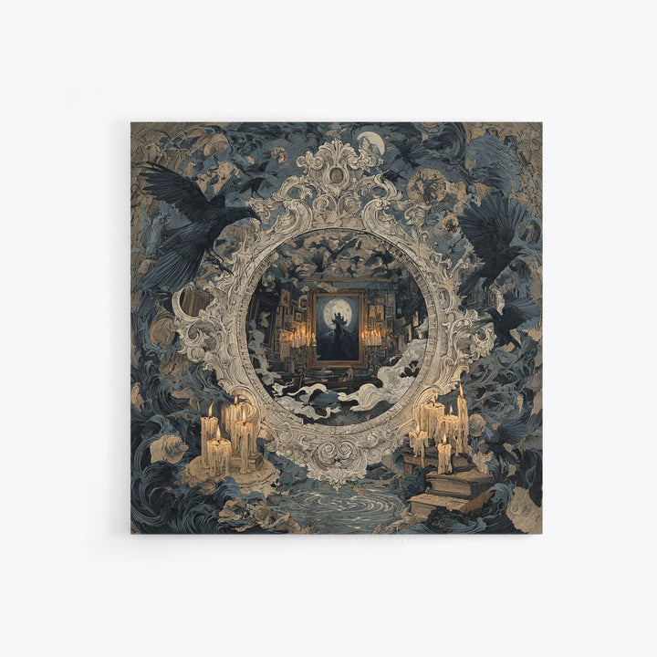 The Cursed Mirror, Symbolist Etching Art, Square Wall Art, Dark Fantasy Wall Art, Framed Canvas Print, Halloween Wall Art