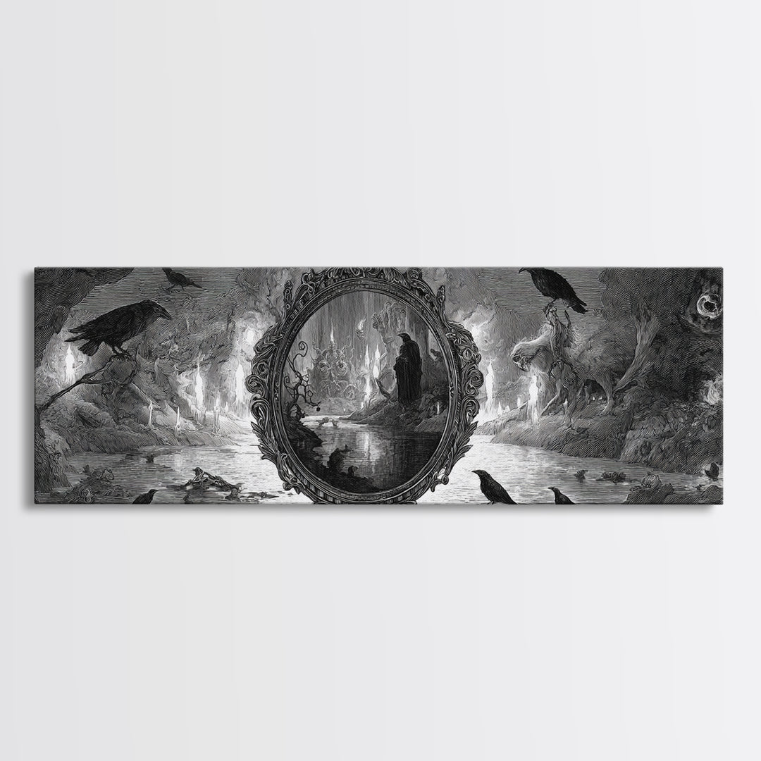 The Cursed Mirror, Expressionist Nightmare Art, Extra Wide Wall Art, Macabre Wall Art, Framed Canvas Print, Halloween Wall Art