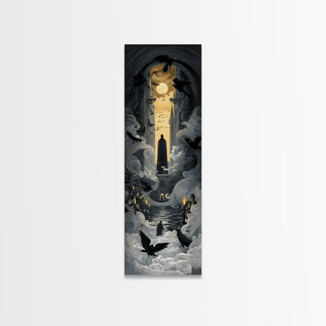 The Living Spellbook, Gothic Engraving Art, Tall Narrow Wall Art, Dark Fantasy Wall Art, Canvas Print, Halloween Wall Art