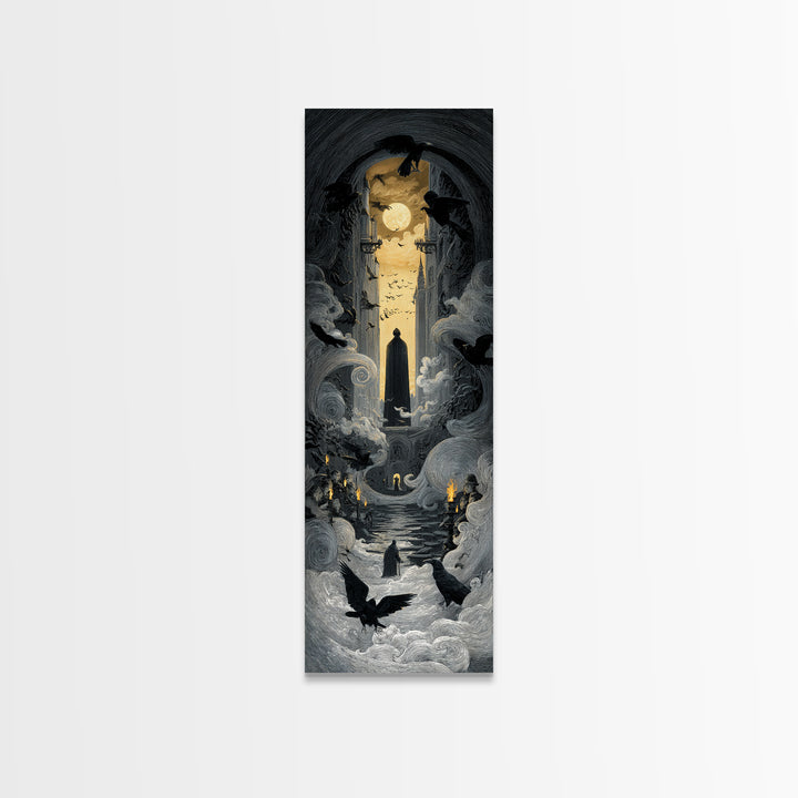 The Living Spellbook, Gothic Engraving Art, Tall Narrow Wall Art, Dark Fantasy Wall Art, Canvas Print, Halloween Wall Art