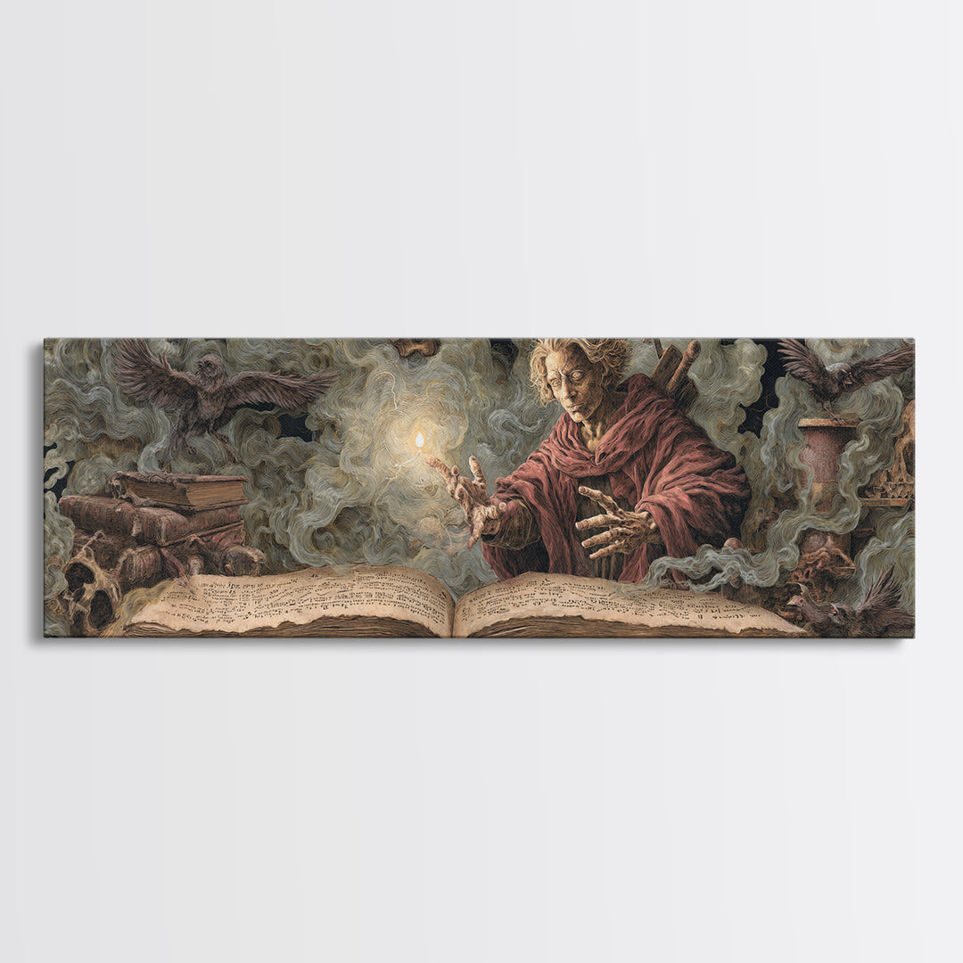 The Living Spellbook, Dark Renaissance Art, Extra Wide Wall Art, Dark Halloween Decor, Framed Canvas Print, Halloween Wall Art