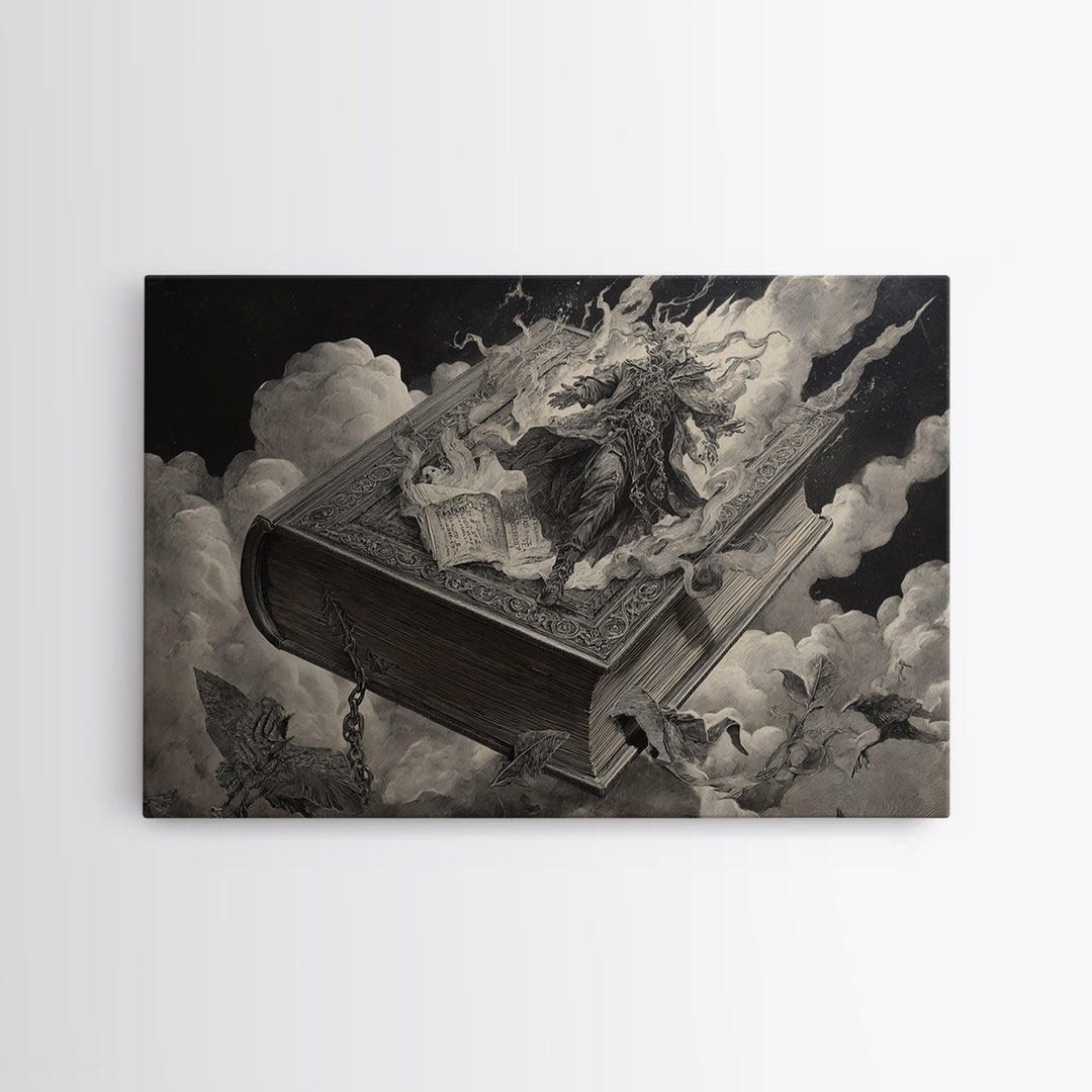 The Living Spellbook, Architectural Etching Art, Landscape Wall Art, Dark Fantasy Wall Art, Canvas Print, Halloween Wall Art
