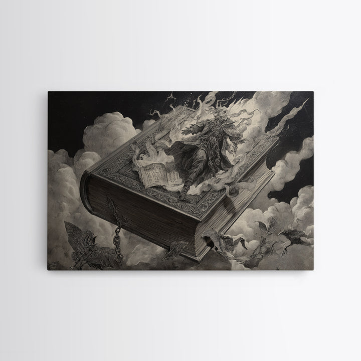 The Living Spellbook, Architectural Etching Art, Landscape Wall Art, Dark Fantasy Wall Art, Canvas Print, Halloween Wall Art