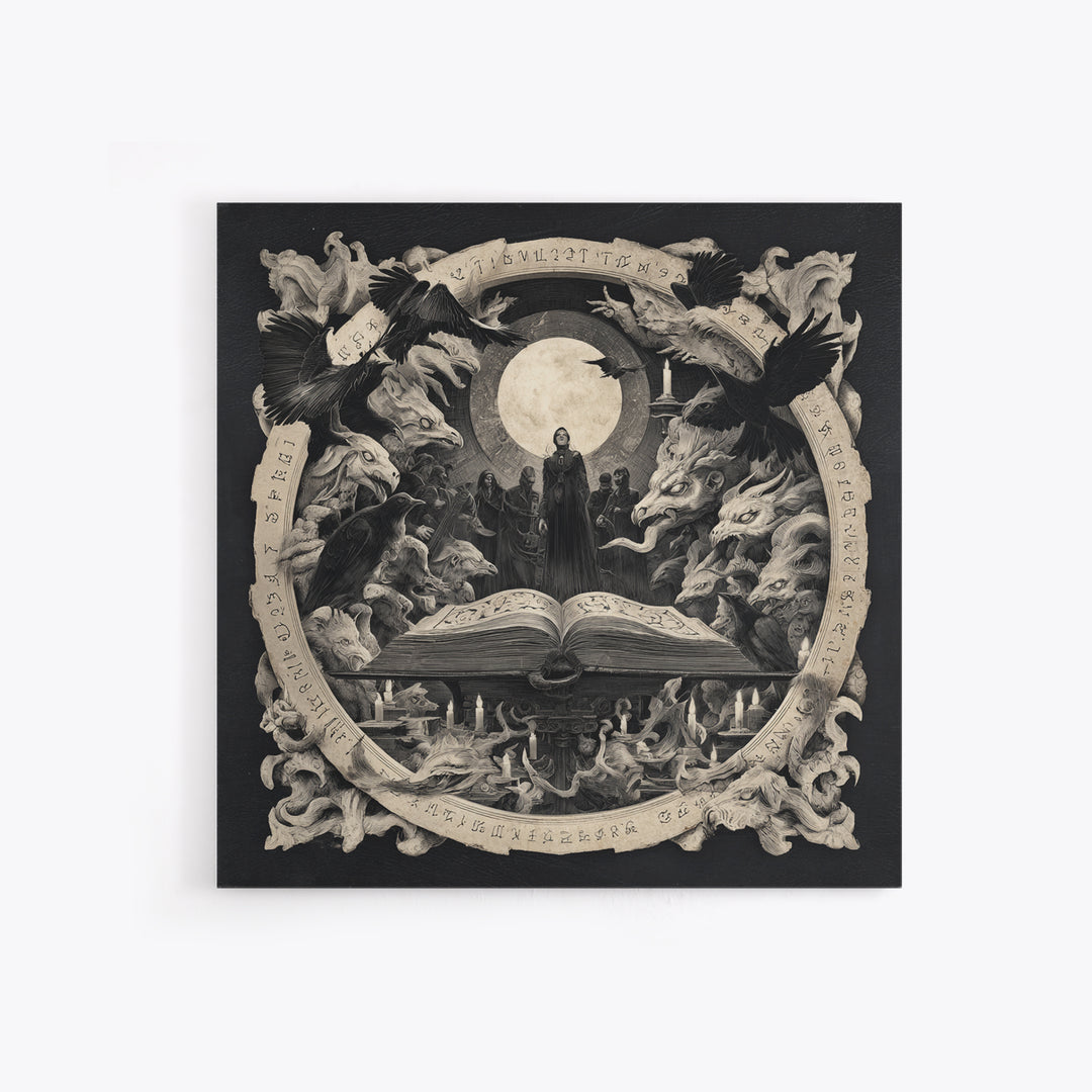 The Living Spellbook, Dark Symbolist Art, Square Wall Art, Dark Halloween Decor, Framed Canvas Print, Halloween Wall Art